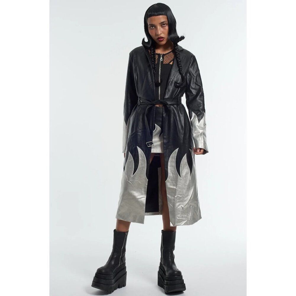 THE RAGGED PRIEST Immortal Coat 16 Silver Flames Faux Leather Trench Mall Goth - Picture 1 of 12
